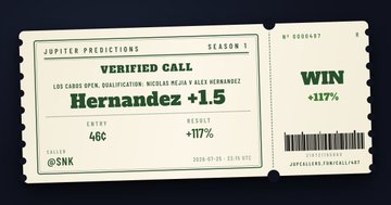 A Jupiter Predictions Season 1 ticket showing a 'Verified Call' for Hernandez +1.5 with a Win result of +117%, entry 46¢, issued by SNK.