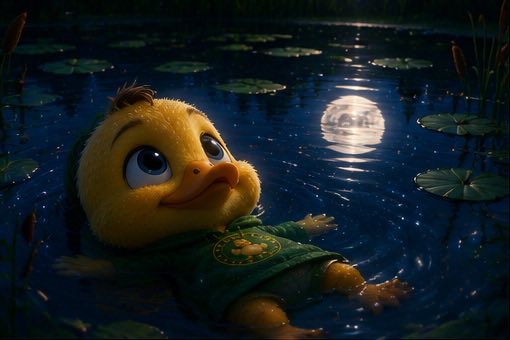 A 3D rendering shows Psyduck (wearing a green Pokéball shirt) floating on its back in a serene pond at night, gazing up at the glowing moon reflected on the water's surface.