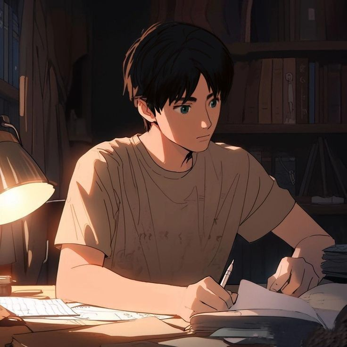An anime-style illustration of a young man with dark hair and blue eyes sitting at a desk, writing in a notebook under warm lamp lighting, surrounded by books and papers.
