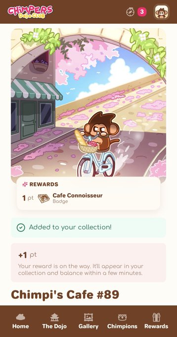 A 'Chimpions' mobile app screen displaying 'Chimpi's Cafe #89' featuring a cartoon monkey on a bicycle, with a 'Cafe Connoisseur Badge' reward added to the collection.