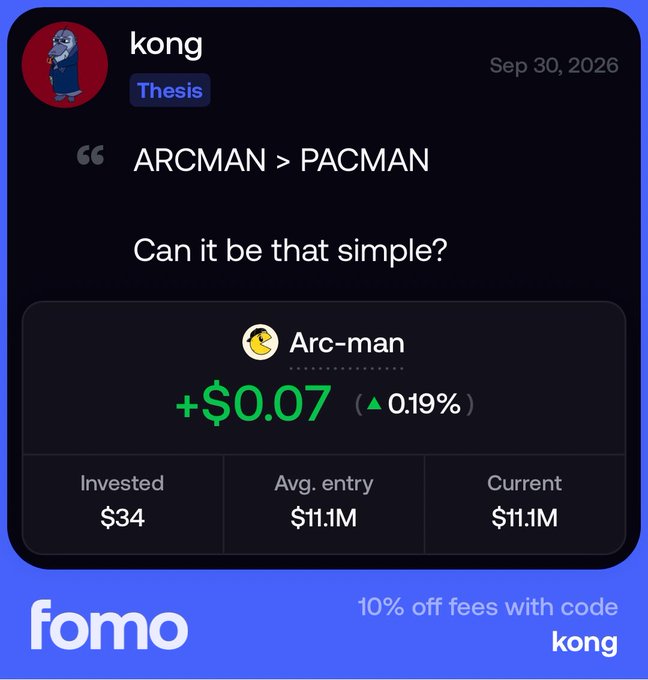 A social media post by user "kong" tagged "Thesis" dated Sep 30, 2026 states "ARCMAN > PACMAN. Can it be that simple?" and displays investment metrics for Arc-man showing +$0.07 (0.19%) gain with $34 invested, an $11.1M current value, and an $11.11M average entry—visually reinforcing the post's bullish "Aped the Pac-Man of ARC" thesis on the token with a promotional FOMO ad offering "10% off fees with code kong."