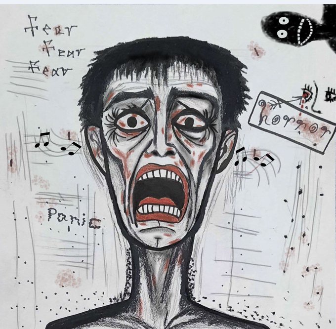 An expressive drawing of a screaming face with wide eyes, featuring handwritten text 'Horror Horror Horror' and 'Panic' alongside musical notes and a small black creature in the corner.