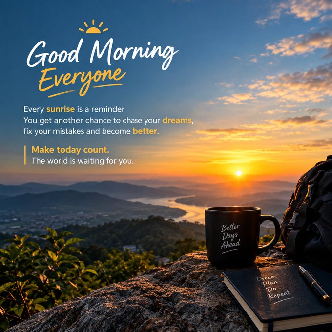 A motivational 'Good Morning Everyone' graphic with a sunrise over a mountain landscape, featuring a coffee mug labeled 'Better Days Ahead' and a notebook reading 'Dream Plan Do Repeat'.