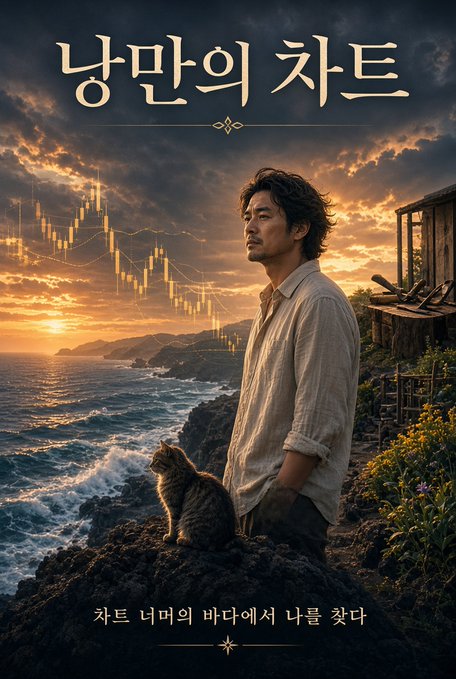 A movie poster with Korean text '낭만의 차트' at the top shows a man in a white shirt standing on a rocky cliff at sunset next to a cat, with glowing candlestick charts in the sky and Korean text '차트 너머의 바다에서 나를 찾다' at the bottom.