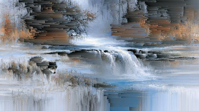 A glitch-art style image depicts a winter landscape with a small waterfall and snow-covered surroundings, heavily distorted with horizontal pixelation and color banding artifacts.