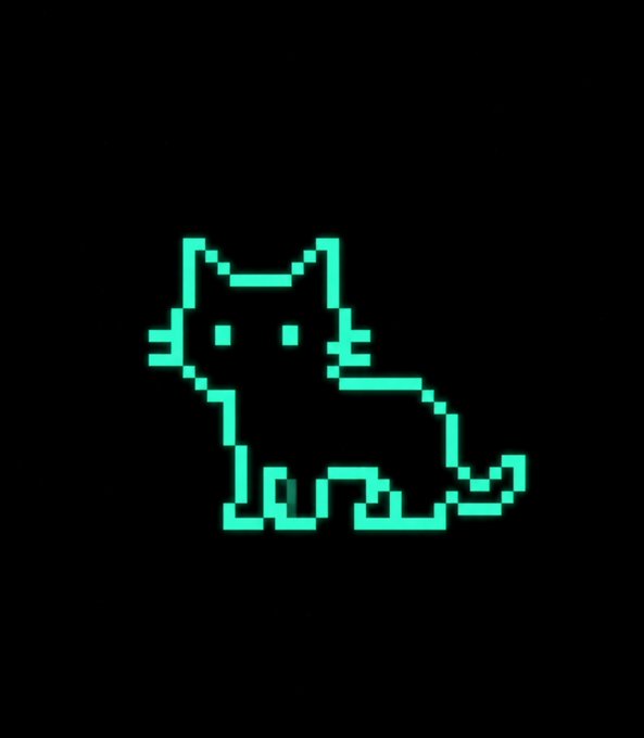 A minimalist pixel art depiction of a cyan/teal cat outlined on a pure black background, rendered in retro 8-bit style.