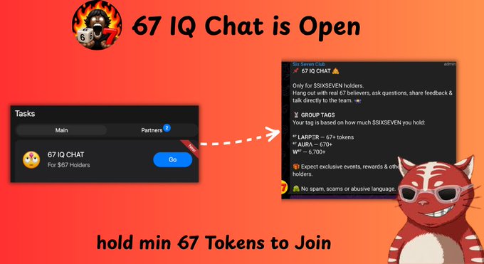 Promotional graphic for the '67 IQ Chat' on the SIX SEVEN Club, advertising that members must hold a minimum of 67 tokens to join the group, with tiered access levels for Larper (67+), Aura (670+), and W (6,700+) holders.