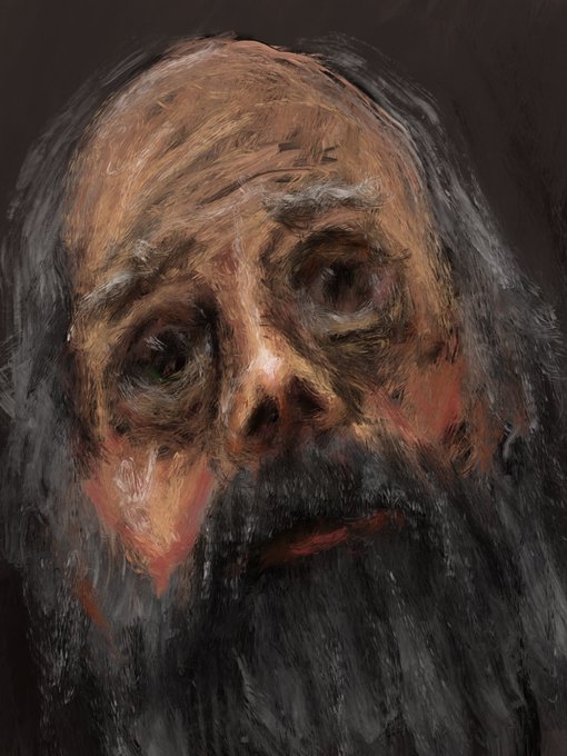 The image features an oil painting of a man with a long beard, depicted as if he's looking up at something or someone. The painting has a dark background that contrasts with the subject matter, making him stand out prominently. The artist who created this piece is @KANDROOKRYPTO, and they have posted their work on social media platforms like Instagram and Twitter.