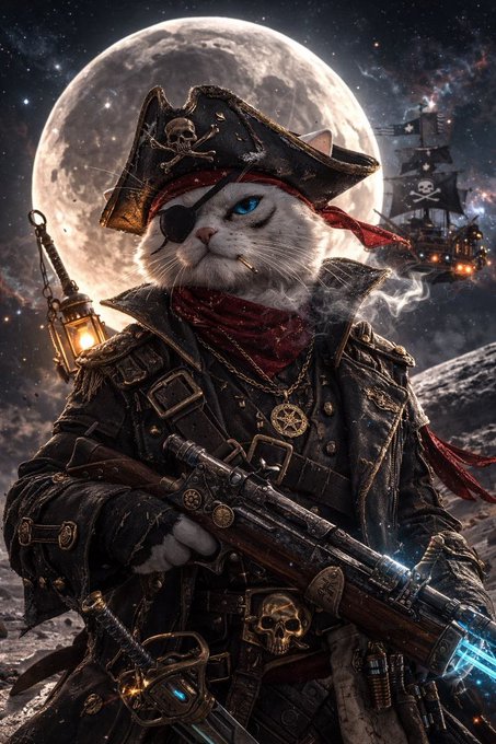 A digital artwork of a white cat dressed as a pirate, wearing an eye patch and a skull-and-crossbones hat, holding a futuristic rifle against a moonlit night sky with a pirate ship in the background.