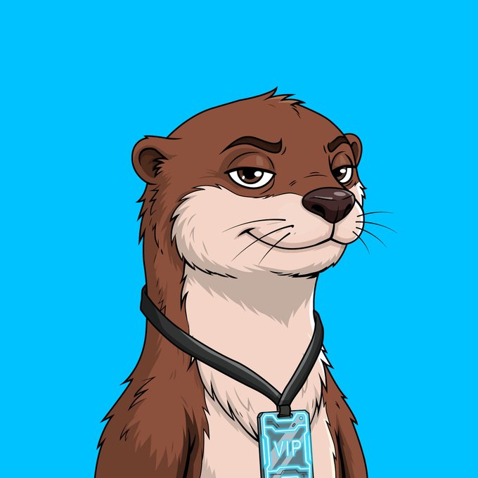 A cartoon illustration of a smiling brown and tan otter wearing a black cord necklace with a glowing blue 'VIP' tag, set against a bright blue background.
