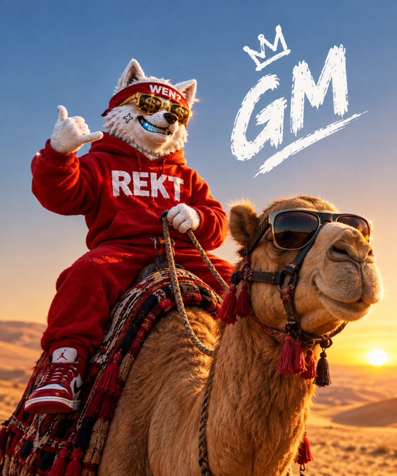 A Shiba Inu character wearing a red "REKT" hoodie, "WEN2" headband, and gold teeth rides a sunglasses-wearing camel across a desert sunset, with bold "GM" text and a crown in the sky—perfectly capturing the bullish, meme-fueled crypto energy of the post's "$OG Humpsday" greeting.