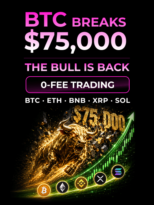 A promotional graphic announcing 'BTC BREAKS $75,000 - THE BULL IS BACK' with 0-Fee Trading for BTC, ETH, BNB, XRP, and SOL, featuring a golden charging bull and cryptocurrency logos.