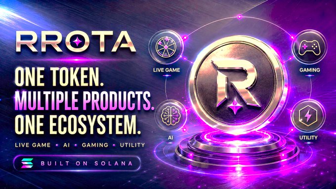 Promotional graphic for the RROTA token ecosystem, displaying the text 'RROTA - ONE TOKEN. MULTIPLE PRODUCTS. ONE ECOSYSTEM.' with categories 'LIVE GAME', 'AI', 'GAMING', 'UTILITY', and 'BUILT ON SOLANA' next to a large gold 'R' coin.