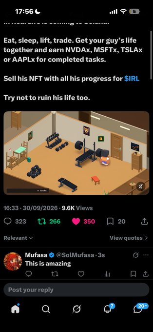 A screenshot of a social media post advertising a crypto game, with text reading 'Eat, sleep, lift, trade. Get your guy's life together and earn NVDAx, MSFTx, TSLAx or AAPLx for completed tasks.' and 'Sell his NFT with all his progress for $IRL'.