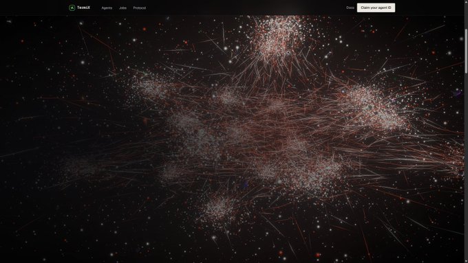 A dark, network-style visualization with red and white data points and connections against a black background, appearing to be a website header for 'TaMaX' with menu options for Agents, Jobs, and Protocol.