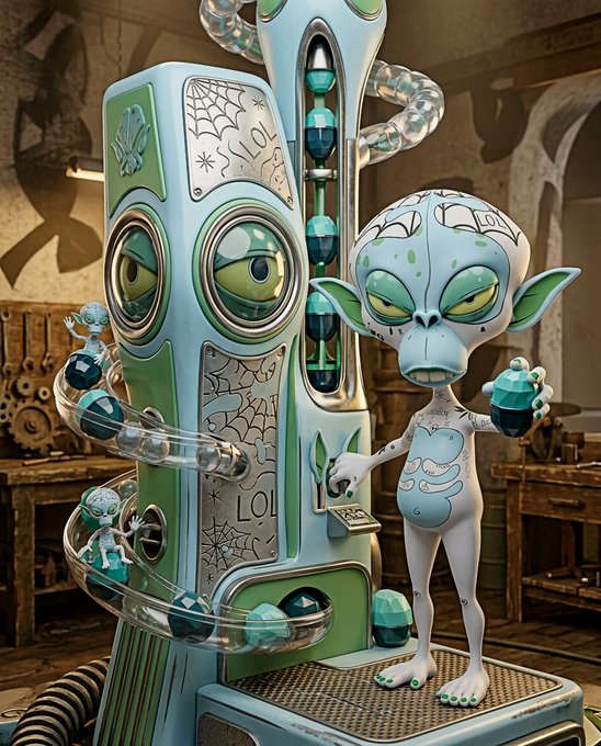 A 3D rendered illustration of a green-skinned alien character standing next to a fantastical green and white machine covered in spider web designs, holding a teal capsule-like object.