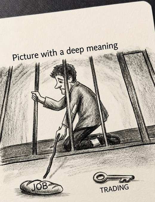 A pencil drawing titled "Picture with a deep meaning" depicts a caged man reaching out with a stick to retrieve a stone labeled "JOB," while a key labeled "TRADING" lies freely on the ground outside the cage. The image powerfully illustrates the post's message—that most people remain trapped in conventional jobs, while trading represents the unlocked path to financial freedom for those who develop a profitable strategy and master risk management.