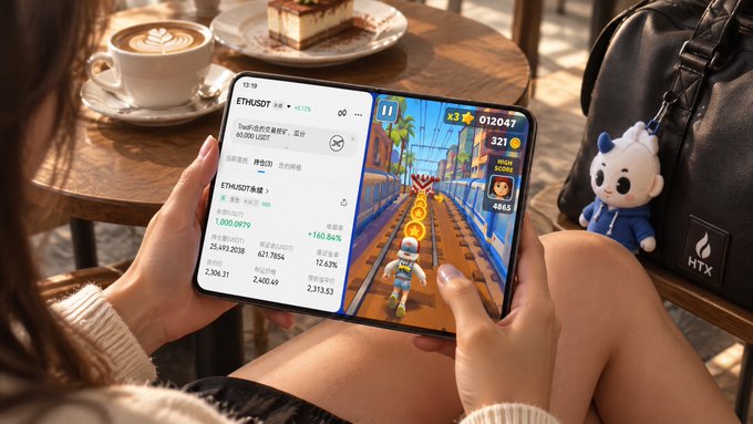 A person using a foldable smartphone displaying the ETH/USDT trading chart on one screen and the 'Subway Surfers' mobile game on the other, seated at a cafe table with coffee and a cake.