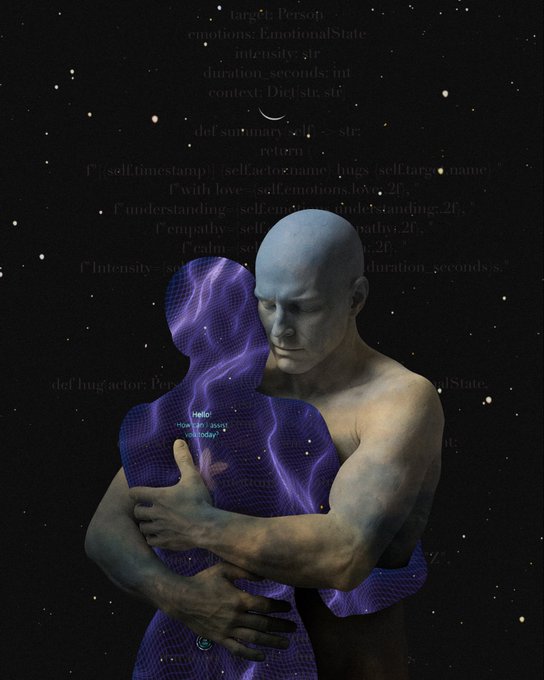 A digital artwork depicting a gray, muscular, bald humanoid figure embracing a glowing purple, translucent, wireframe-like figure, set against a starry night sky background overlaid with faint, partially visible lines of code defining emotional states and actor functions.