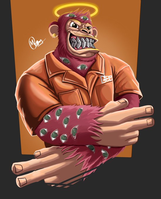 Digital illustration of a fierce, red-furred gorilla-like character with a glowing yellow halo and a wide, toothy grin, wearing an orange prison-style jumpsuit and numerous green gemstone piercings.