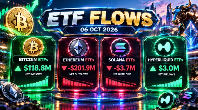 A colorful digital graphic titled 'ETF FLOWS 06 OCT 2026' displaying net inflows/outflows for Bitcoin ETFs (+$118.8M), Ethereum ETFs (-$200.9M), Solana ETFs (-$3.7M), and Hyperliquid ETFs (+$3.0M).