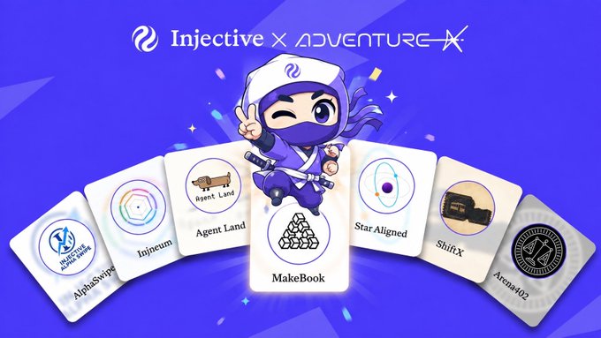 A promotional graphic for 'Injective X ADVENTURE' featuring a ninja cartoon mascot in purple with cards displaying project names like 'AlphaSwipe', 'Injineum', 'Agent Land', 'MakeBook', 'Star Aligned', 'ShiftX', and 'Arcade402'.