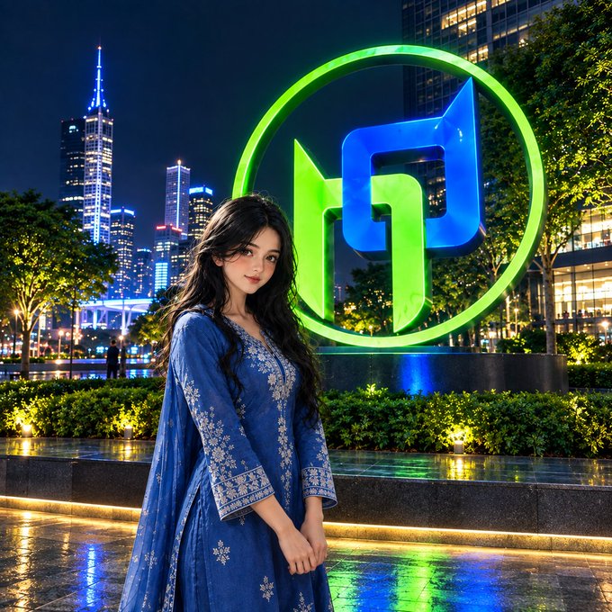 A young woman in a blue traditional embroidered dress stands in front of a large glowing green and blue logo, with a city skyline at night in the background.