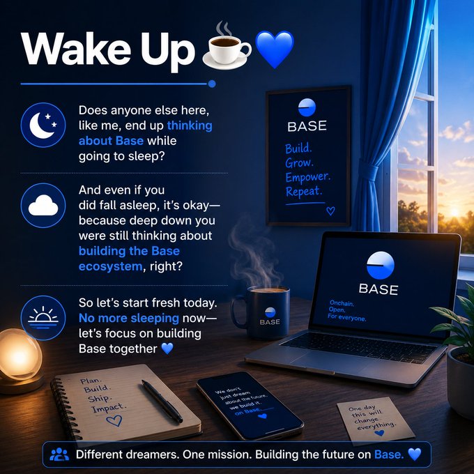 The image shows a desk with various objects such as a laptop computer, cell phone, notebook, pen, mug of coffee or tea, and a plant. The background features a blue wall with a window that allows natural light into the room. There is also a poster on the wall that says "Wake Up". The post encourages people to wake up early and start their day by focusing on building the Base ecosystem. It suggests that everyone else who wakes up at the same time as the person in the image should think about how they can contribute to the growth of the Base ecosystem, whether it's through personal projects or supporting others.