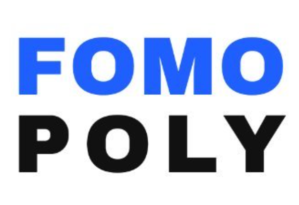 Simple white graphic with large text reading “FOMO” in blue above “POLY” in black.