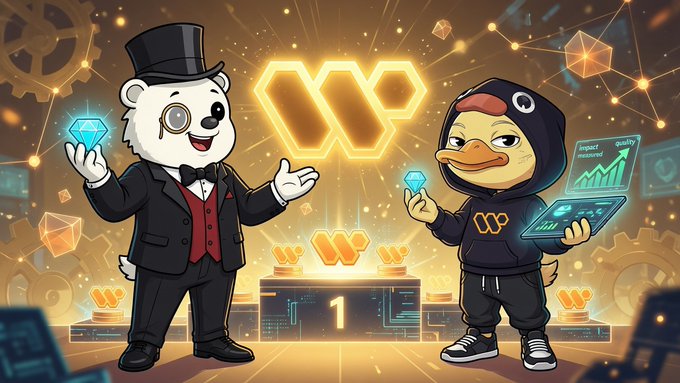 A cartoon scene featuring a top-hatted polar bear holding a blue diamond next to a duck in a hoodie holding a smaller diamond and a holographic screen, with a glowing golden 'W' logo between them.