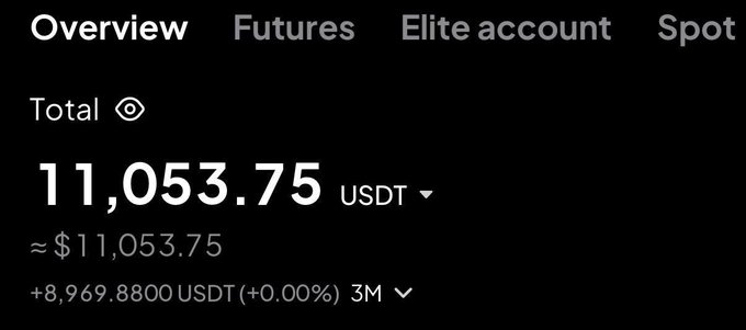 Trading account overview showing a total balance of 11,053.75 USDT, with a 3-month change of +8,969.88 USDT (+0.00%).