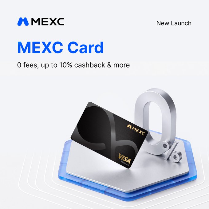 The image is a promotional banner for the newly launched MEXC Card, a Visa debit card featuring the MEXC branding, displayed alongside a "0%" cashback symbol and the tagline "0 fees, up to 10% cashback & more," directly highlighting the key benefits mentioned in the announcement about spending crypto worldwide with cashback rewards.