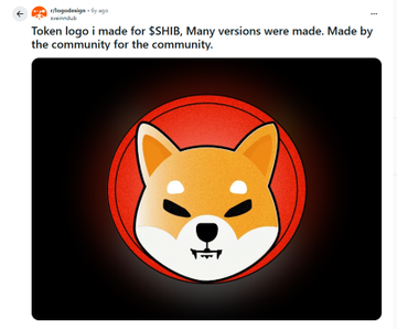 A social media post featuring a stylized red and orange Shiba Inu token logo on a black background, with text stating 'Token logo i made for SSHIB, Many versions were made. Made by the community for the community.'