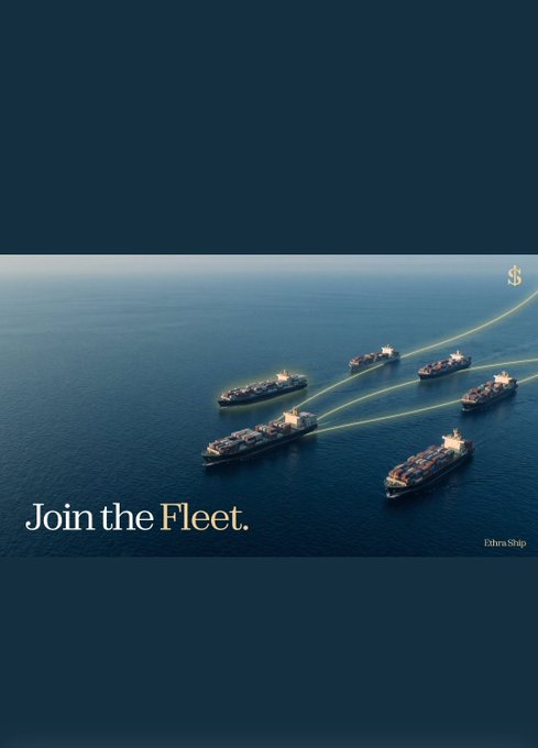 Advertisement showing container ships sailing across an ocean connected by glowing yellow lines, with text reading 'Join the Fleet.' and 'Ethra Ship' in the corner.