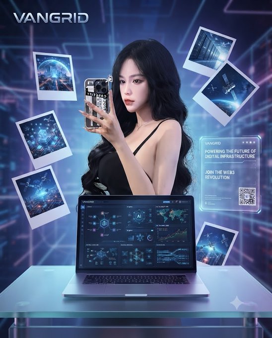 A promotional graphic for 'VANGRID' featuring a woman holding a phone, surrounded by tech-themed polaroid images and a laptop displaying 'POWERING THE FUTURE OF DIGITAL INFRASTRUCTURE'.