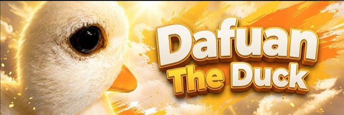 A close-up of a white duck's face with a glowing golden background, featuring the bold title "Dafuan The Duck" — serving as branding for the meme coin advertised in the post.