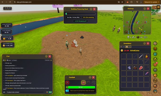The screenshot displays the interface of the game Grindscape at play.grindscape.com, where three player avatars are actively hammering at a building foundation on a grassy plain. The "Building Pioneering Bank" progress bar shows 256 of 39,254 (0%) remaining and 57 hours 36 minutes of building time left, while the Inventory displays 15,494 GrindCoins, matching the post's mention of needing builders and significant coin earnings from the lengthy construction effort.