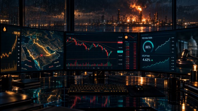 Three glowing trading monitors display candlestick charts, a world map, and an "FED HAWK ODDS" panel reading 86%, set against a backdrop of an oil refinery engulfed in flames at night—visually tying the geopolitical disruption of Saudi Arabia's East-West pipeline shutdown to the real-time market volatility in crude oil and Fed rate expectations.