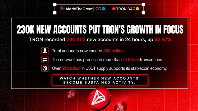 The image is a TRON DAO promotional graphic by @AldricTheGreat, headlined "230K NEW ACCOUNTS PUT TRON'S GROWTH IN FOCUS," highlighting that TRON recorded 230,862 new accounts in 24 hours (a 42.87% increase), pushing total accounts past 395 million, with over 14 billion transactions processed and $90+ billion in USDT supply. It visually reinforces the post's claim about TRON's quiet dominance in real economic activity by showcasing the latest Tronscan user growth metrics.