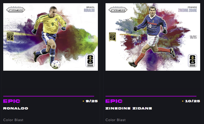 Two Prizm 2022 soccer trading cards featuring Epic color blast versions of Ronaldo (9/25) and Zinedine Zidane (10/25).