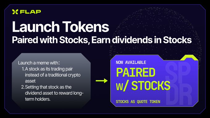 A promotional graphic for FLAP's "Launch Tokens" feature announces that meme coins can now be paired with stocks instead of traditional crypto assets, with the option to pay dividends in stocks to long-term holders. The image highlights "PAIRED W/ STOCKS" as a new offering with "STOCKS AS QUOTE TOKEN," directly visualizing the post's announcement about stock-paired memes and stock dividends launching on Robinhood Chain.
