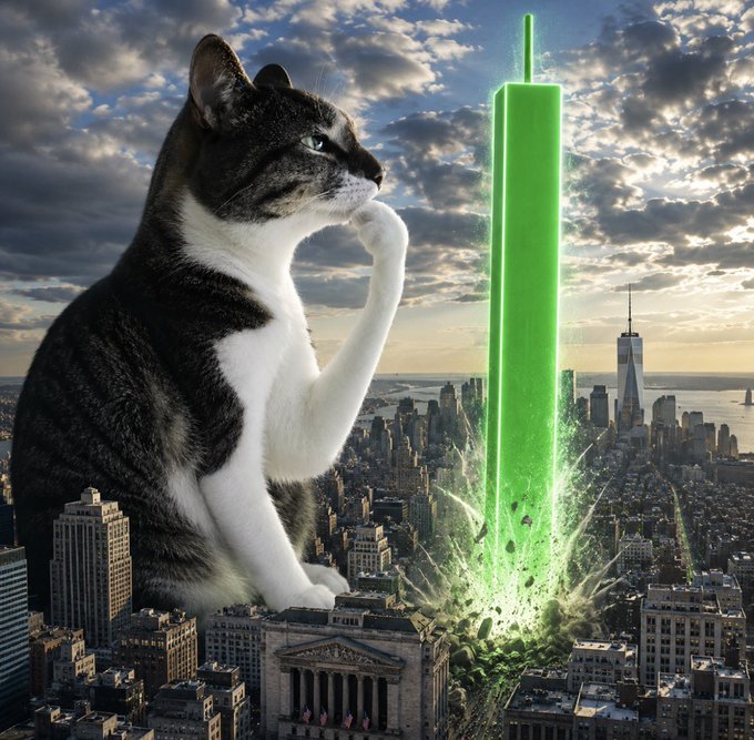 A giant tabby and white cat looms over New York City, raising its arm in a confrontational pose as a massive green candlestick crashes into the cityscape, symbolizing a monumental bullish price surge for the $PONS ticker referenced in the post.