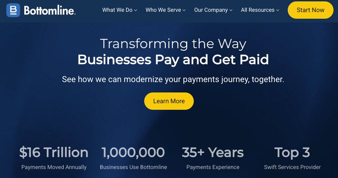 A screenshot of Bottomline's homepage, displaying its tagline "Transforming the Way Businesses Pay and Get Paid," a "Learn More" button, and key metrics including $16 trillion in annual payments moved, 1,000,000 businesses using Bottomline, 35+ years of payments experience, and its status as a Top 3 SWIFT services provider. The image relates to the post by illustrating Bottomline's massive role in traditional cross-border payments, the same space where Chainlink ($LINK) is partnering to modernize infrastructure with blockchain rails.