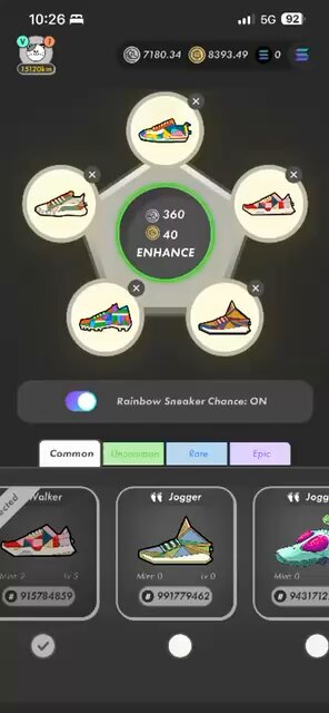 The image shows a phone screen displaying an app called "StepN Around The World" with a collection of six different shoes arranged around a circle, each with its own description. The app has a rating system for the shoes, which includes a green circle representing a good rating and a red circle indicating a bad rating. There are also descriptions provided for each shoe in the image.