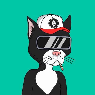 A cartoon illustration of a black and white cat wearing a red and white cap with an Ethereum logo, dark sunglasses, and holding a cigarette in its mouth against a teal background.
