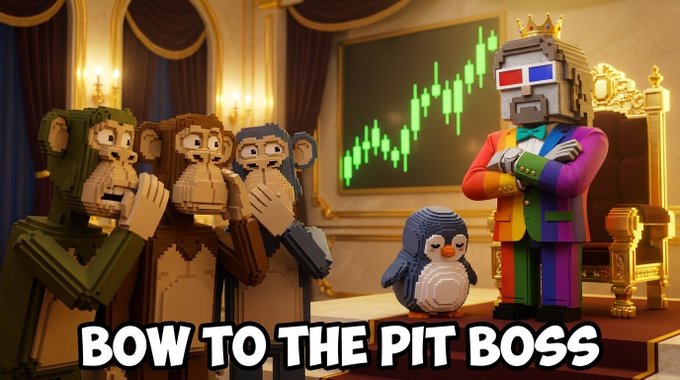A 3D animated meme featuring NFT characters bowing to a crowned figure with 3D glasses and a rainbow suit, with a penguin nearby and a green stock chart on a chalkboard, captioned 'BOW TO THE PIT BOSS'.