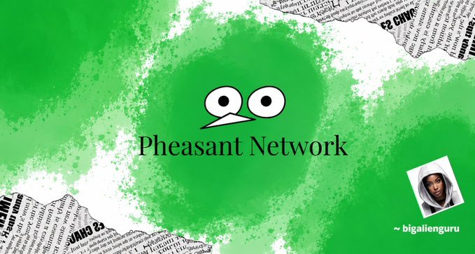 A green and white graphic with newspaper-text borders displays the Pheasant Network logo, a simple white bird face icon, alongside the text "Pheasant Network" and a profile image labeled "~ bigalienguru." The visual reinforces the post's message about Pheasant Network launching utility-first with its live Pheasant Points system before introducing a $PNT token.
