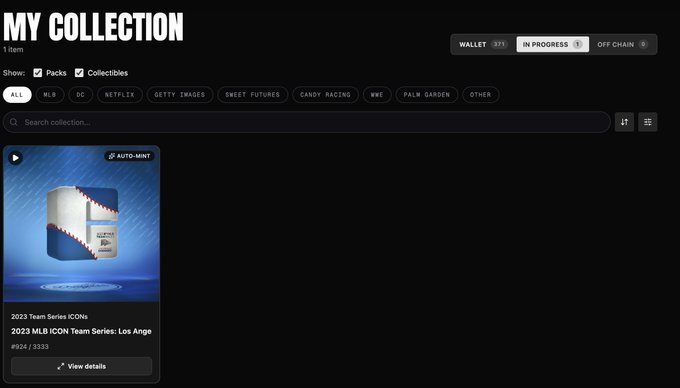 A screenshot of a digital collection page titled 'MY COLLECTION' showing '1 item' labeled 'IN PROGRESS', featuring a 2023 MLB ICON Team Series: Los Angeles collectible pack with an 'AUTO-MINT' badge.