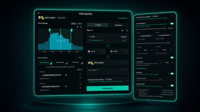 A glowing teal and black interface displays Krystal's "Add Liquidity" dashboard for a WETH/USDC position on Uniswap (Base), showing a price range chart, zap-in options of 0.001 ETH and WETH/USDC, and automation settings for auto-rebalancing, compounding, and harvesting with a 1-hour time buffer and +20% min/max price ranges. The image visually reinforces the post's point about Krystal as a one-click LP automation tool, highlighting the "Zap In" feature for simplified liquidity provision.