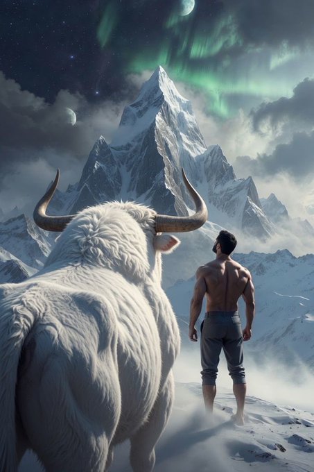 A shirtless man stands beside a massive white bull on a snowy mountain peak, gazing up at the northern lights illuminating the starry sky—evoking the powerful, inevitable force of a bull market that catches sidelined investors off guard, just as the towering bull dwarfs the lone figure who failed to act in time.